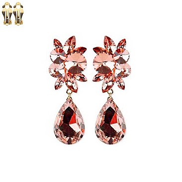 Fashionable Dangling Teardrop Gem with Stone Cluster Metal Clip Earrings SLECQ4279