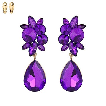 Fashionable Dangling Teardrop Gem with Stone Cluster Metal Clip Earrings SLECQ4279