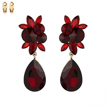 Fashionable Dangling Teardrop Gem with Stone Cluster Metal Clip Earrings SLECQ4279