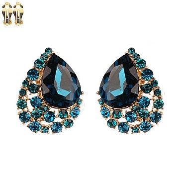 Stone Cluster Metal Clip Teardrop Gem Earrings SLECQ44