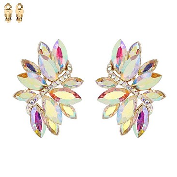 Large 2 inch Marquise Gem Leaf Clip Earrings