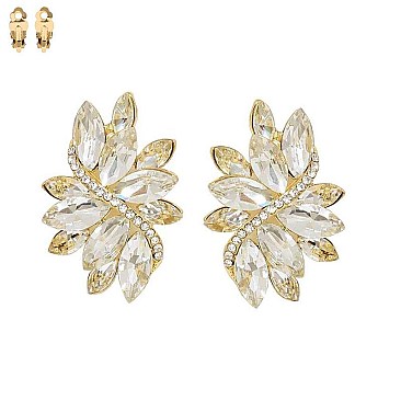 Large 2 inch Marquise Gem Leaf Clip Earrings