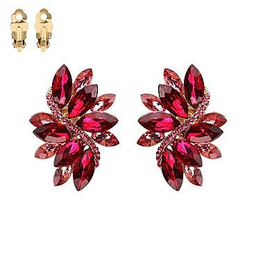 Large 2 inch Marquise Gem Leaf Clip Earrings