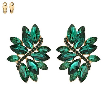 Large 2 inch Marquise Gem Leaf Clip Earrings