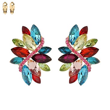 Large 2 inch Marquise Gem Leaf Clip Earrings