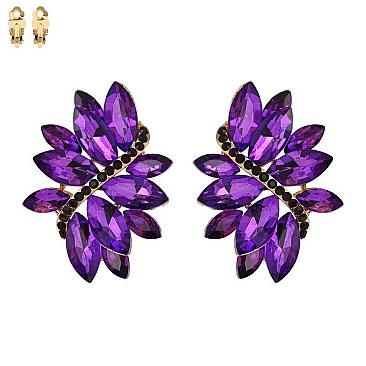 Large 2 inch Marquise Gem Leaf Clip Earrings