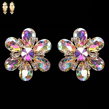 DROP STONE FLOWER CRYSTALS CLIP EARRINGS