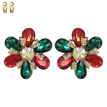 DROP STONE FLOWER CRYSTALS CLIP EARRINGS