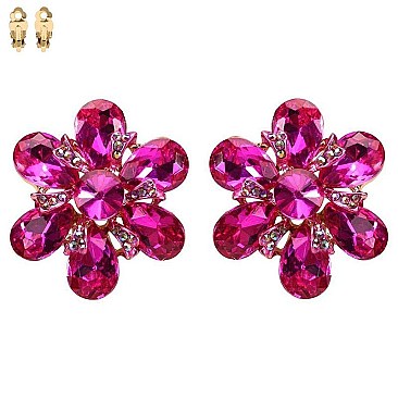 DROP STONE FLOWER CRYSTALS CLIP EARRINGS