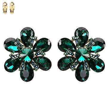 DROP STONE FLOWER CRYSTALS CLIP EARRINGS