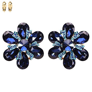 DROP STONE FLOWER CRYSTALS CLIP EARRINGS