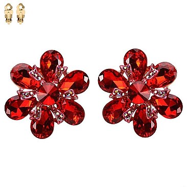 DROP STONE FLOWER CRYSTALS CLIP EARRINGS