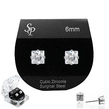 Stud Earrings 6MM CZ Square with Box SLECZ1761