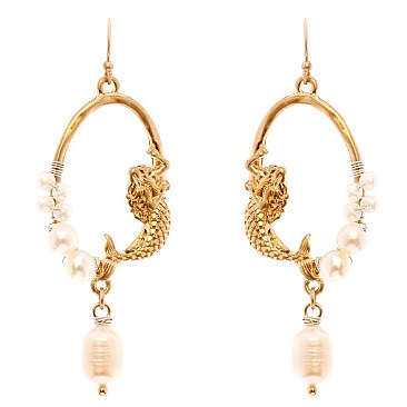 EE0610-LP Plastic Pearl Sea Life Metal Fish Hook Earring