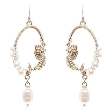 EE0610-LP Plastic Pearl Sea Life Metal Fish Hook Earring