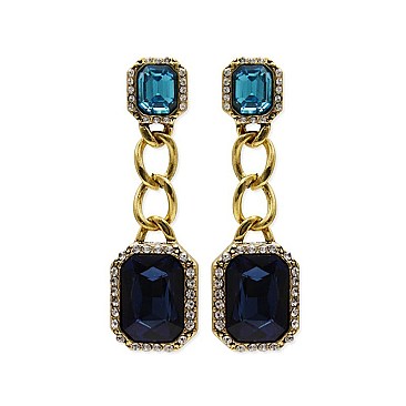 Trendy Dangly Rectangular Gems and Chain Fashion Earrings SLEG203