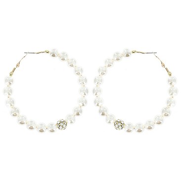 ELEGANT PEARL HOOP EARRINGS WITH RHINESTONE BALL