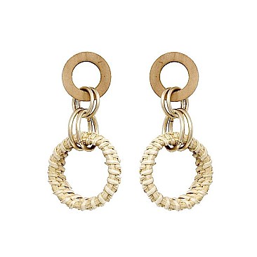 Chic Wooden Metal Straw Linked Hoop Post Earrings MH-ELE1209