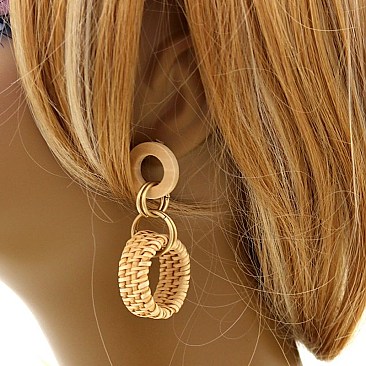 Chic Wooden Metal Straw Linked Hoop Post Earrings MH-ELE1209