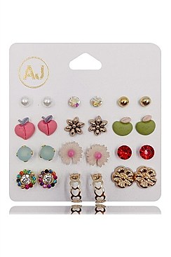 PACK OF 12 STYLISH ASSORTED COLOR 12-PAIR MULTI EARRING SET