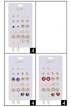 PACK OF 12 STYLISH ASSORTED COLOR 12-PAIR MULTI EARRING SET