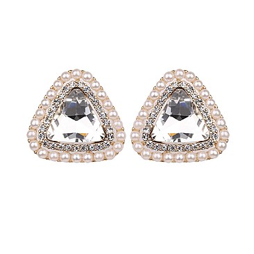 Trendy Triangle Gem with Pearl Stud Earrings SLEQ150