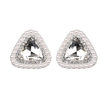 Trendy Triangle Gem with Pearl Stud Earrings SLEQ150