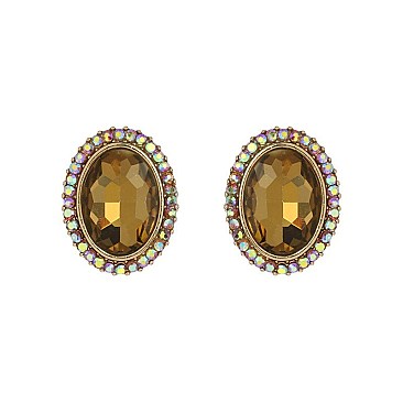Fashionable Oval Gem with Stone Edge Metal Earrings