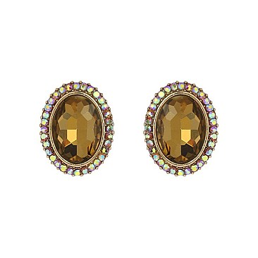 Fashionable Oval Gem with Stone Edge Metal Earrings