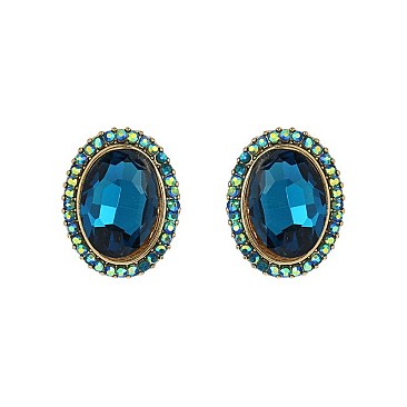 Fashionable Oval Gem with Stone Edge Metal Earrings