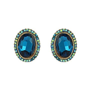 Fashionable Oval Gem with Stone Edge Metal Earrings