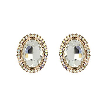 Fashionable Oval Gem with Stone Edge Metal Earrings