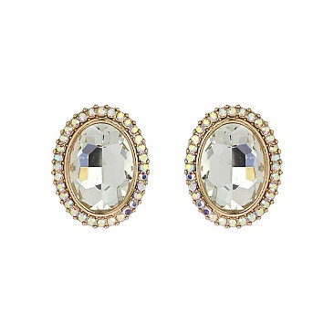 Fashionable Oval Gem with Stone Edge Metal Earrings