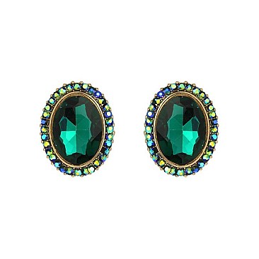 Fashionable Oval Gem with Stone Edge Metal Earrings