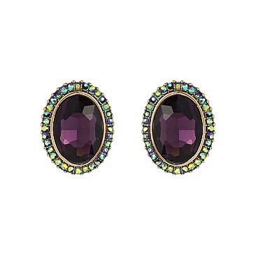 Fashionable Oval Gem with Stone Edge Metal Earrings