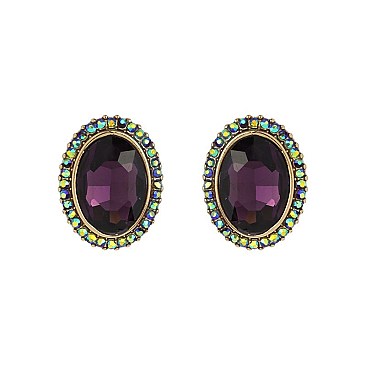 Fashionable Oval Gem with Stone Edge Metal Earrings