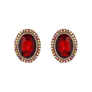Fashionable Oval Gem with Stone Edge Metal Earrings