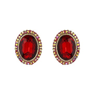 Fashionable Oval Gem with Stone Edge Metal Earrings