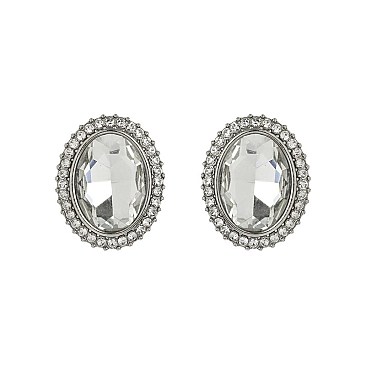 Fashionable Oval Gem with Stone Edge Metal Earrings
