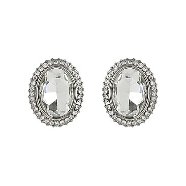 Fashionable Oval Gem with Stone Edge Metal Earrings