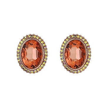 Fashionable Oval Gem with Stone Edge Metal Earrings