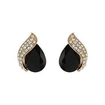 Fashionable Teardrop Gem with Stone Leaf Stud Earrings SLEQ181