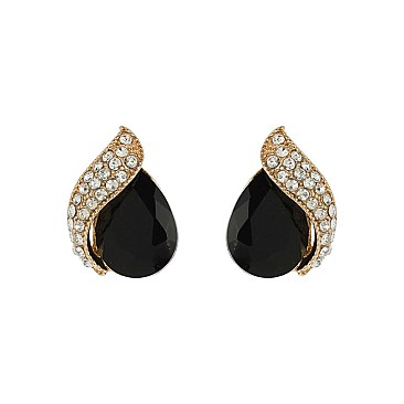 Fashionable Teardrop Gem with Stone Leaf Stud Earrings SLEQ181