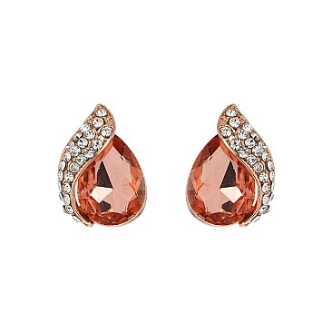 Fashionable Teardrop Gem with Stone Leaf Stud Earrings SLEQ181