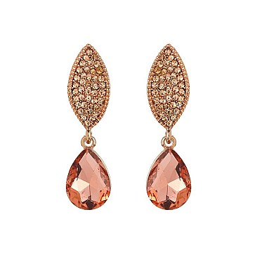Fashionable Stone Encrusted Leaf with Dangly Teardrop Gem Earrings SLEQ183