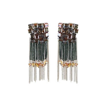 Trendy Handmade Beaded Square With Dangly Chain And Beads Earrings SLER0099