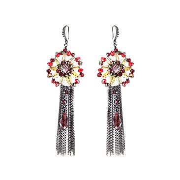 Trendy Handmade Beaded Flower Burst With Dangly Chain And Beads Fishhook Earrings SLER0106