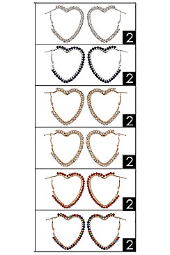 PACK OF 12 CUTE ASSORTED COLOR RHINESTONE HEART HOOP EARRING
