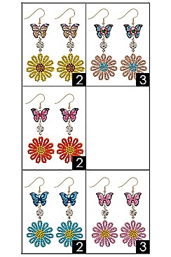 PACK OF 12 ASSORTED CHARMING COLOR FLOWER AND BUTTERFLY EARRING
