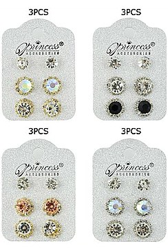PACK OF 12 CONTEMPORARY ASSORTED COLOR 3-PAIR MULTI EARRING SET